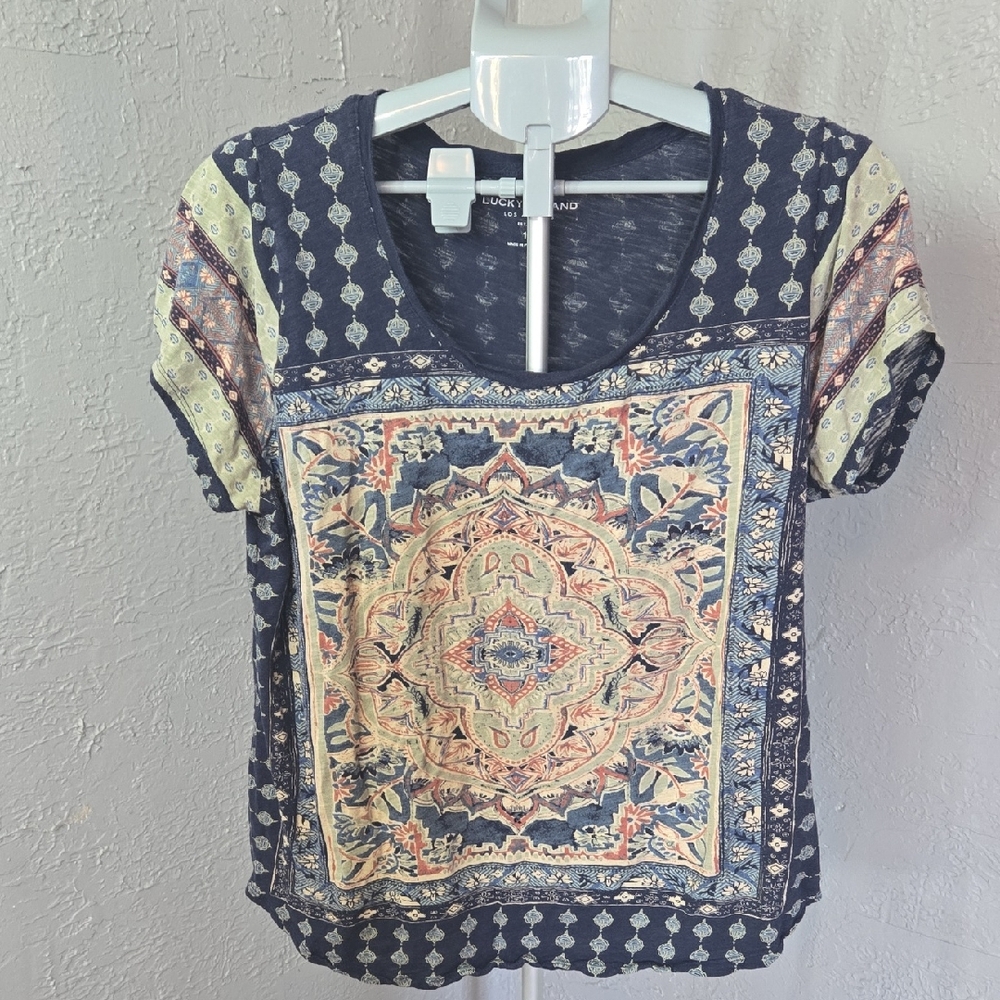 Lucky Brand Navy and Cream Persian Patterned Boho Graphic Tee Size 1X